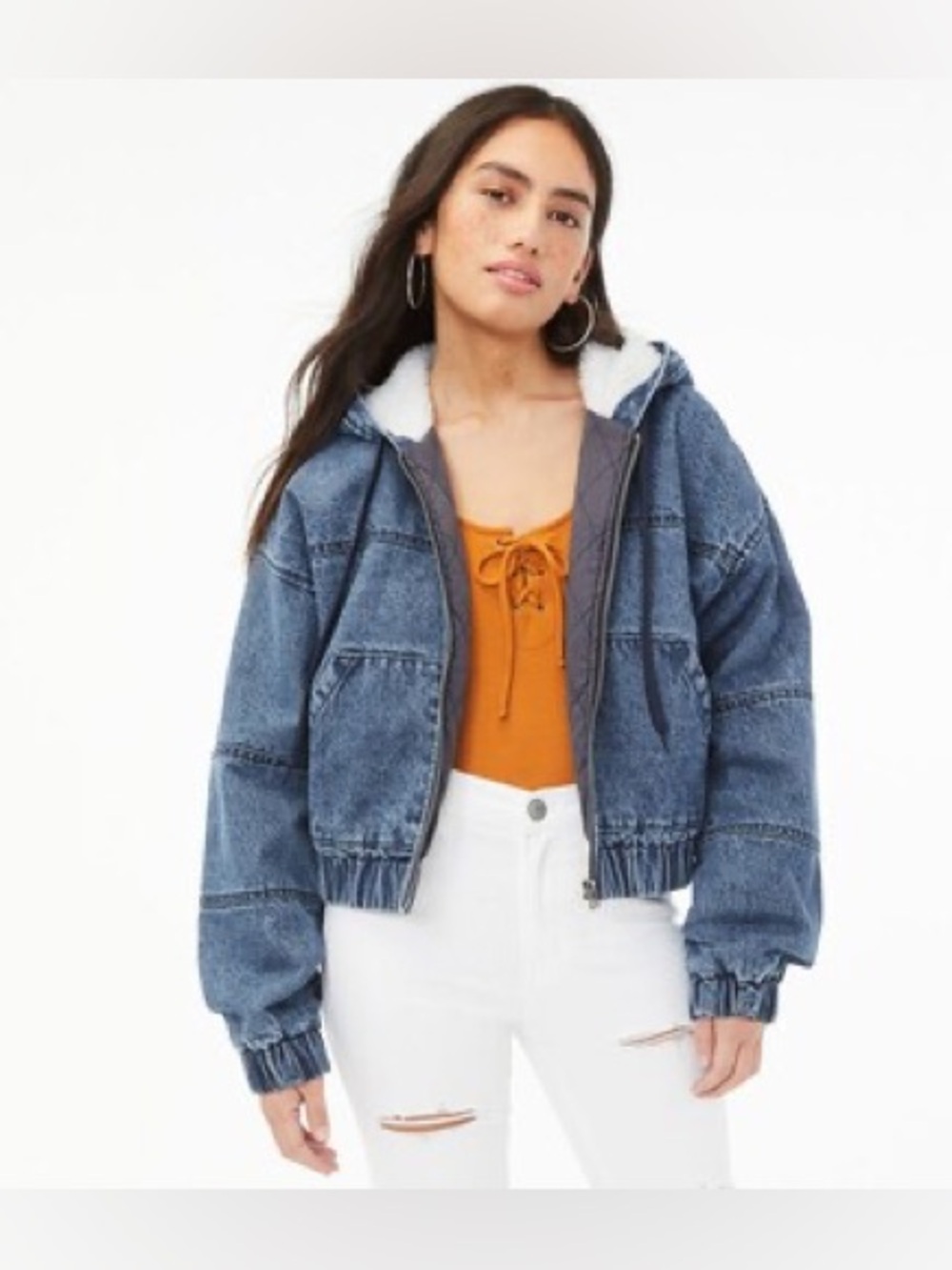 Aeropostale Sherpa Lined Cropped Denim Jacket Size Small